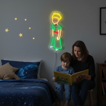 Woman and child reading a book in a bedroom with a neon light of little prince