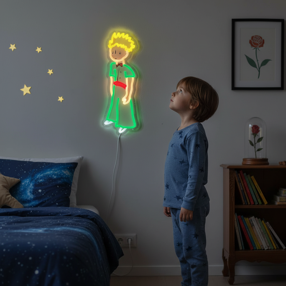 Child looking at a neon light figure of little prince in a room with books and a bed.