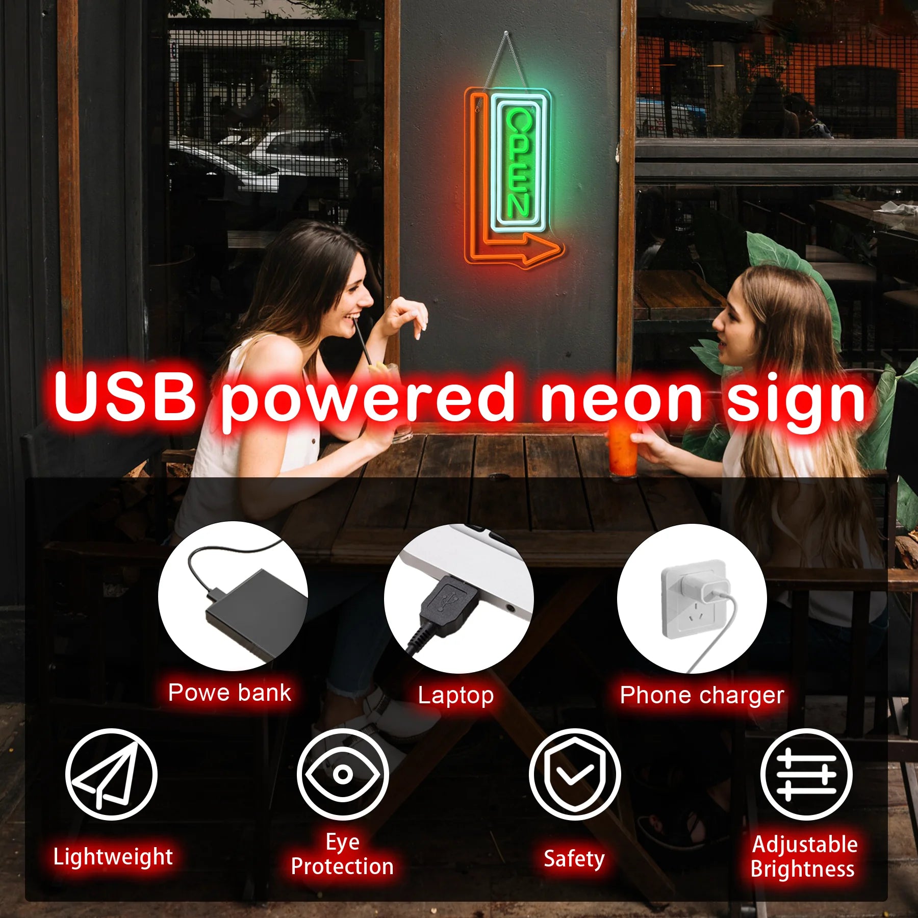 Open Sign ("OPEN with Arrow", Green & Orange, USB-Powered)