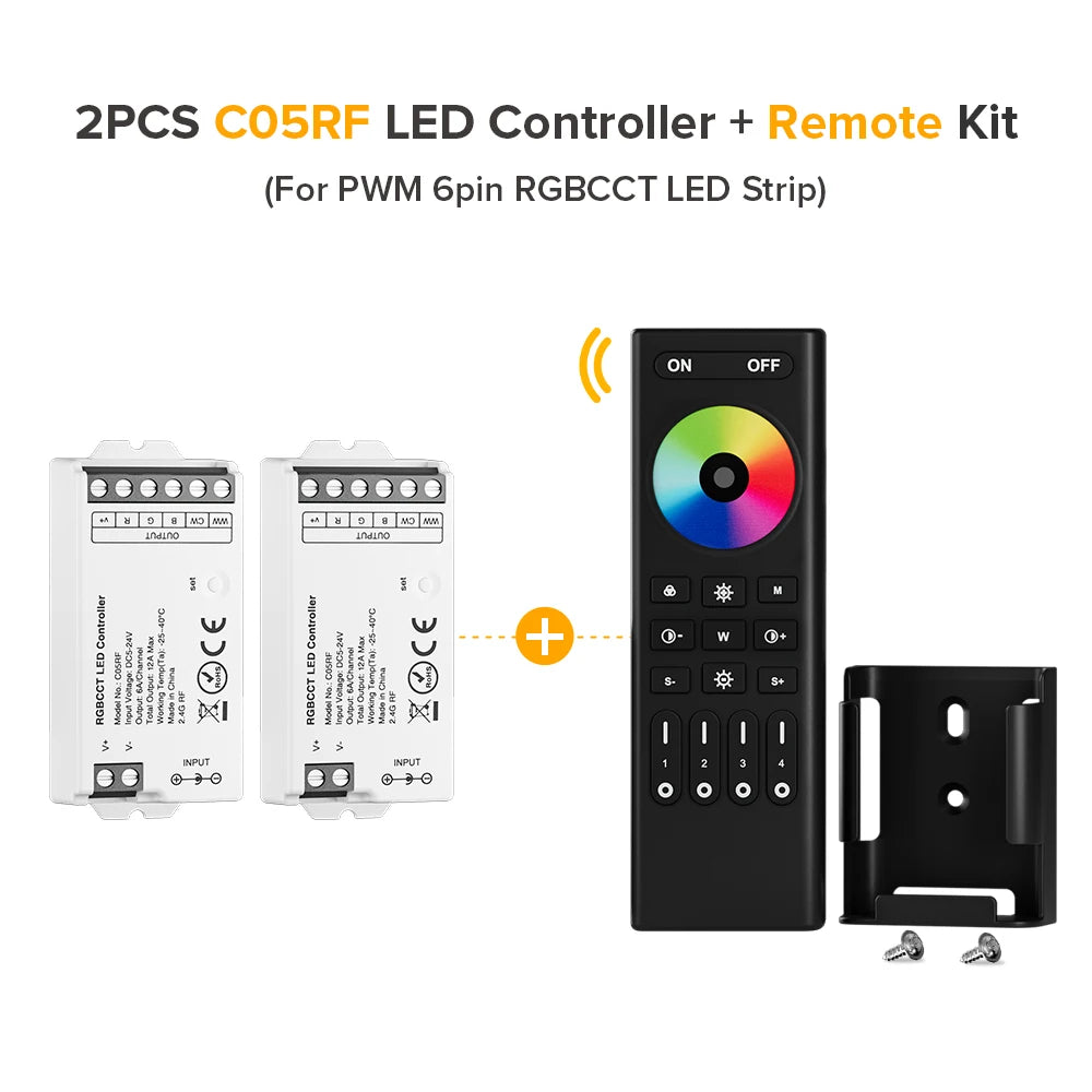 Mini LED Controller Kit – 2.4GHz Remote for DIM, CCT, RGB, RGBW, RGBCCT LED Strips (DC 5V–24V)