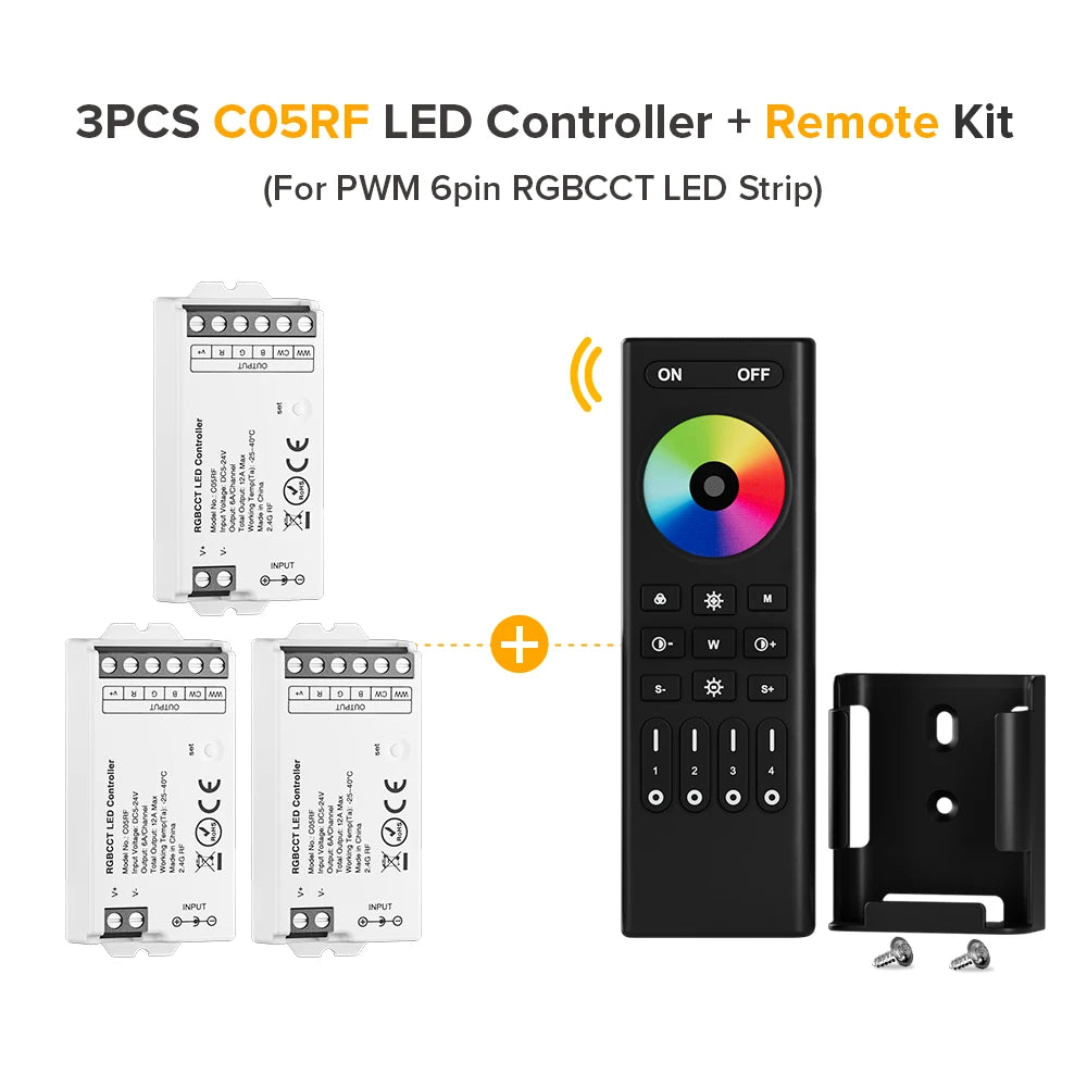 Mini LED Controller Kit – 2.4GHz Remote for DIM, CCT, RGB, RGBW, RGBCCT LED Strips (DC 5V–24V)