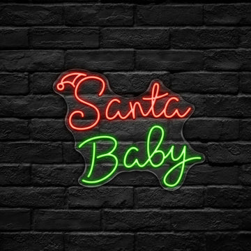 Neon sign with 'Santa Baby' on a black brick wall