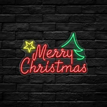 Merry Christmas LED Neon Sign (USB-Dimmable, 42cm x 27cm) with Star & X'Mas Tree