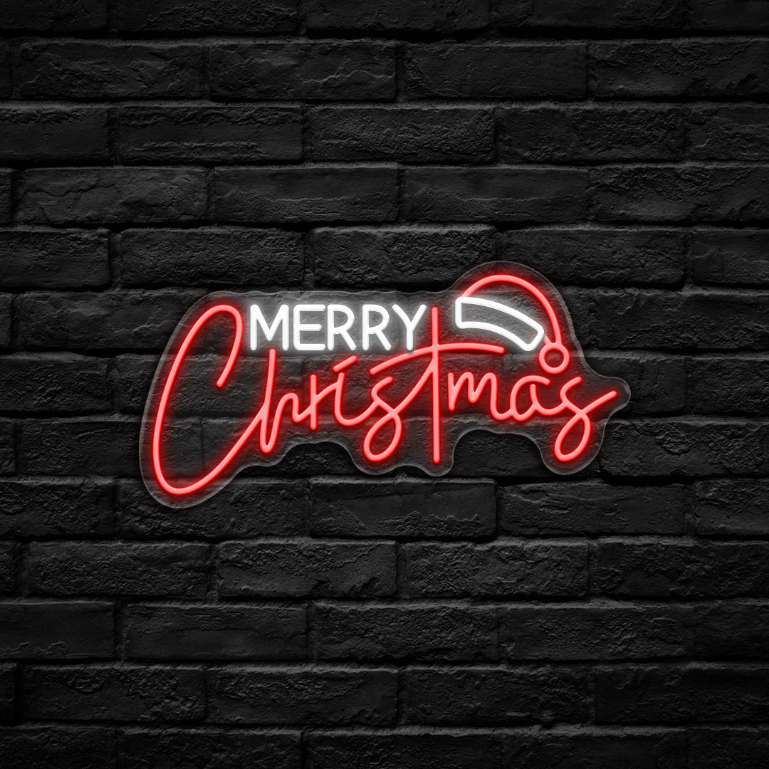 Merry Christmas with Hat LED Neon Sign (USB-Dimmable)