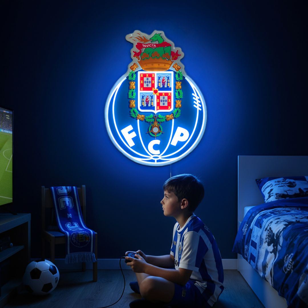 Enseigne néon LED avec emblème du FC Porto – Lettres 3D à pousser et faux néon sans couture