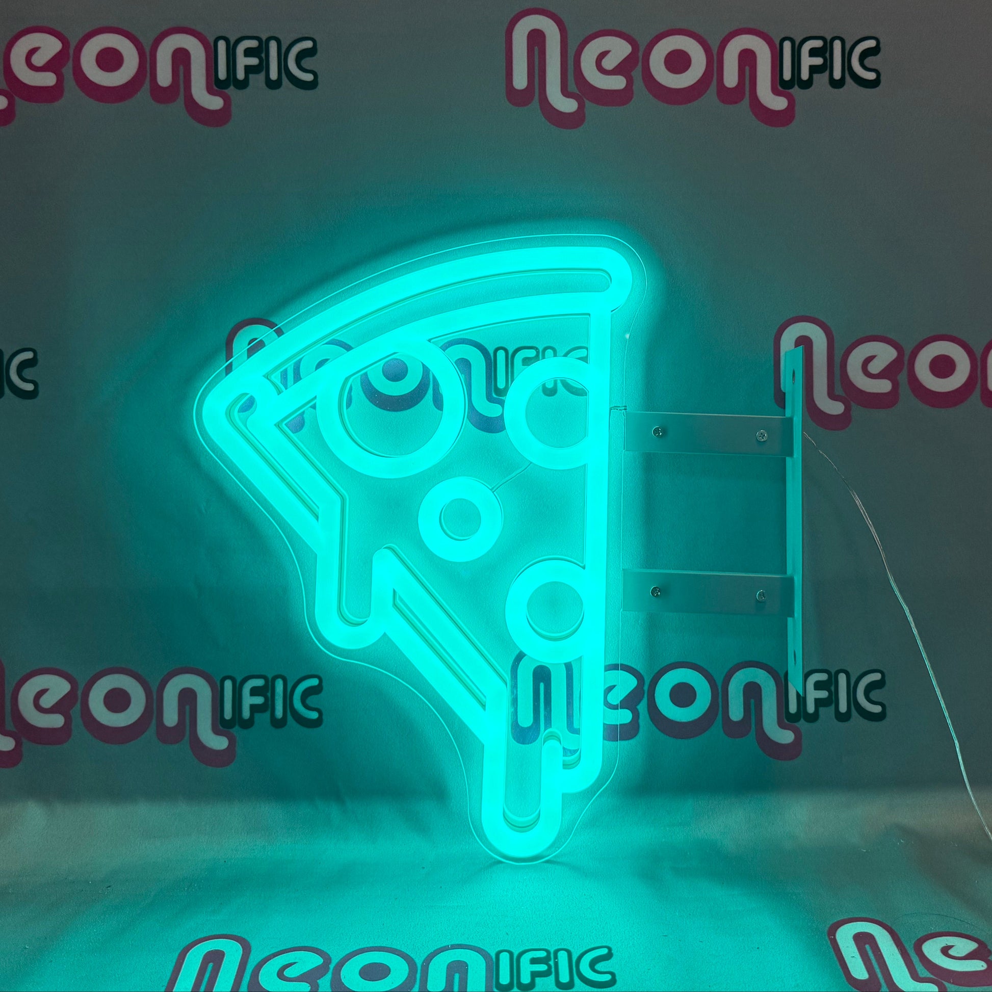 Neon sign shaped like a pizza slice on a dark background with 'Neon Ific' branding.