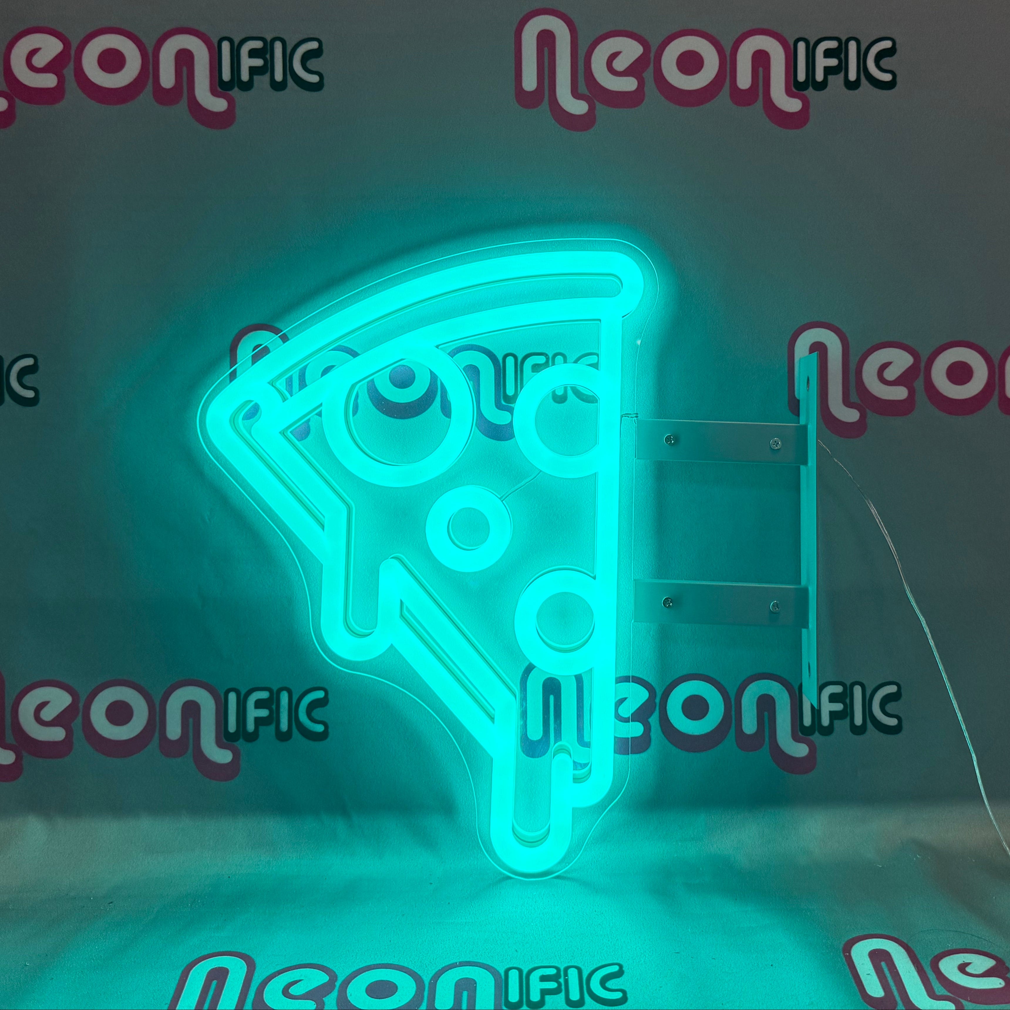 Neon sign shaped like a pizza slice on a dark background with 'Neon Ific' branding.