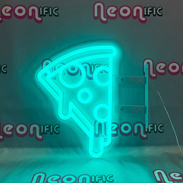 Neon sign shaped like a pizza slice on a dark background with 'Neon Ific' branding.