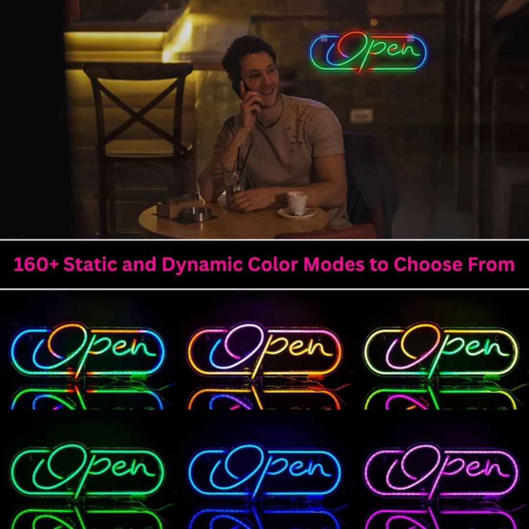 Person sitting at a table with a neon 'Open' sign in the background, surrounded by various color options for 'Open' signs.