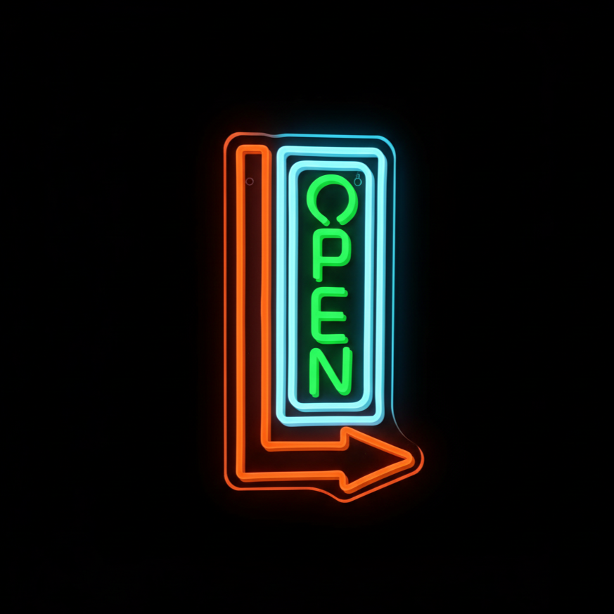 Neon sign with 'OPEN' text and arrow on a black background