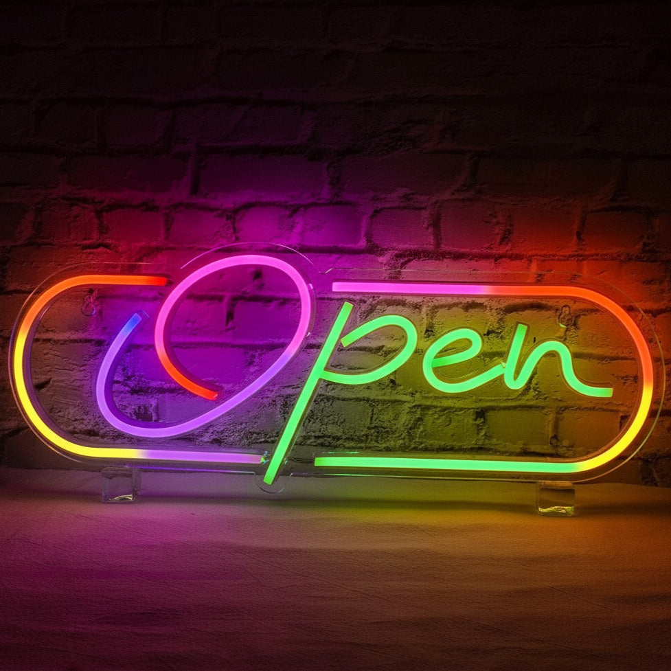 Neon sign with the word 'Open' on a brick wall background