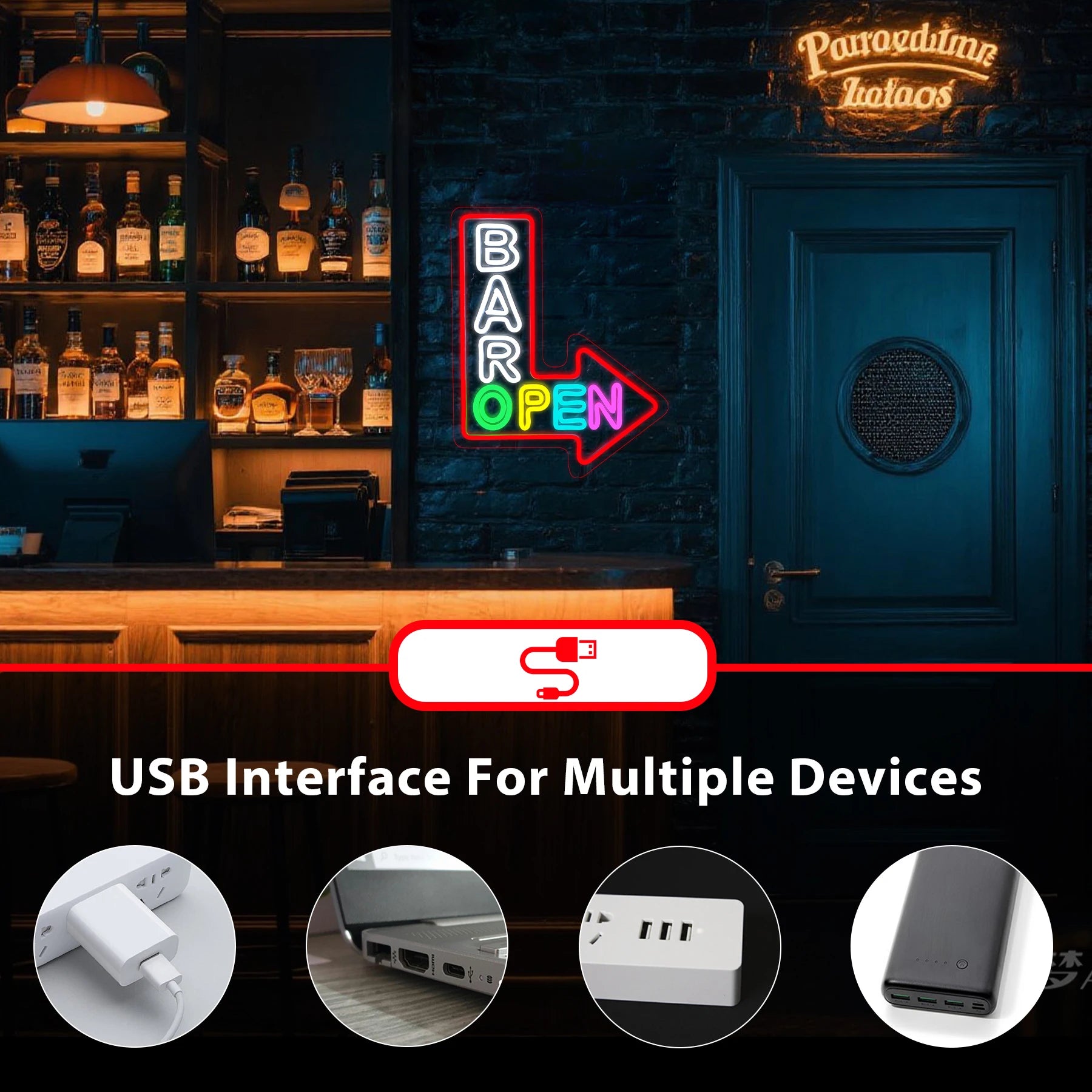 Open Sign ("Bar Open With Arrow", USB-Powered)