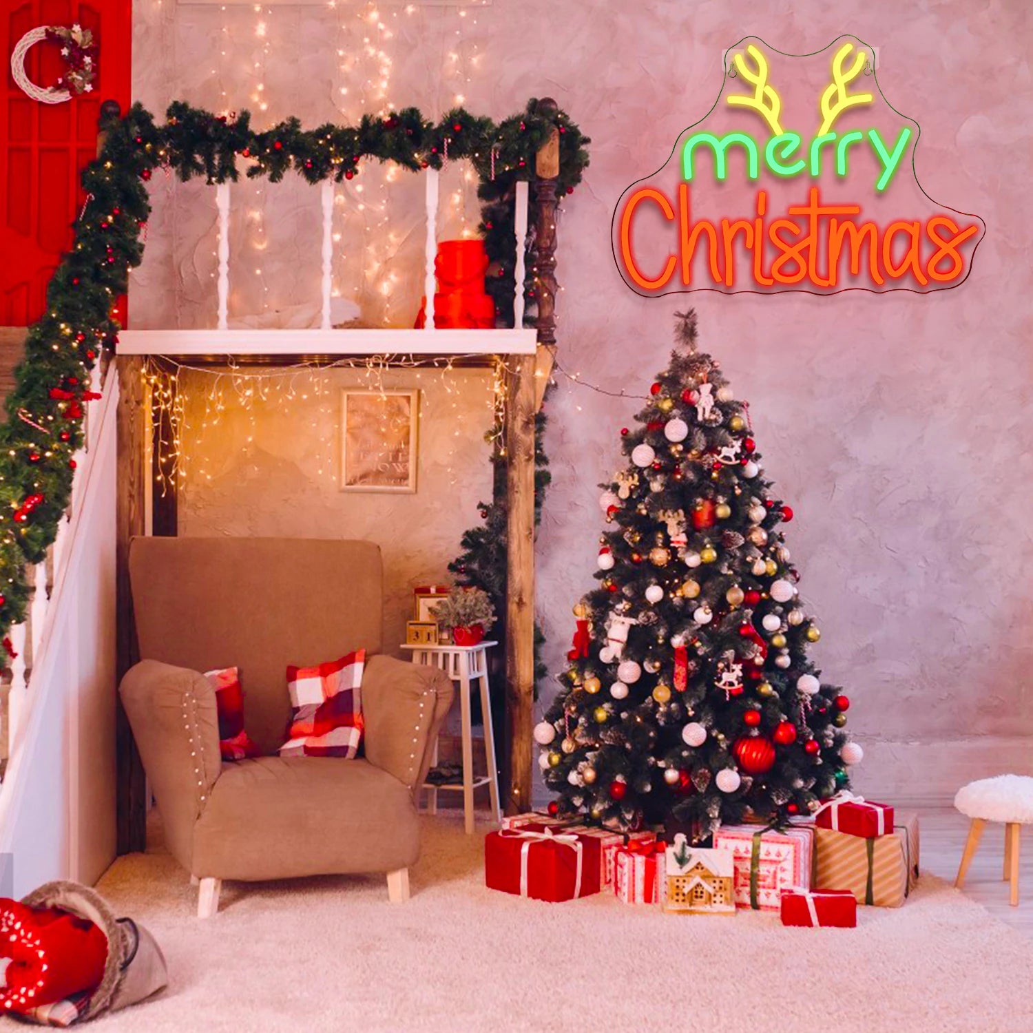 Merry Christmas LED Neon Sign (USB-Dimmable, 42cm x 27cm) with Star & X'Mas Tree