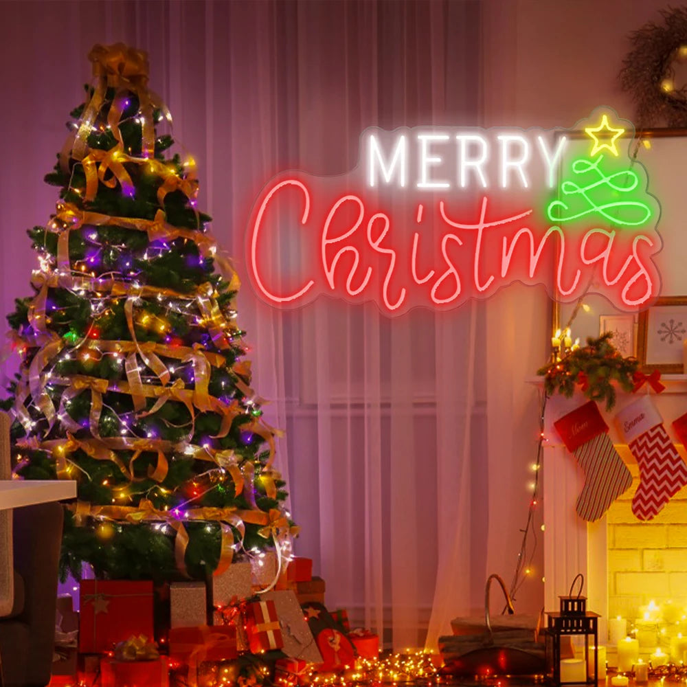 Merry Christmas LED Neon Sign (USB-Dimmable, 42cm x 27cm) with Star & X'Mas Tree