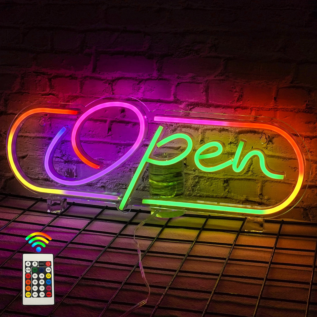 Neon sign with the word 'Open' on a brick wall background
