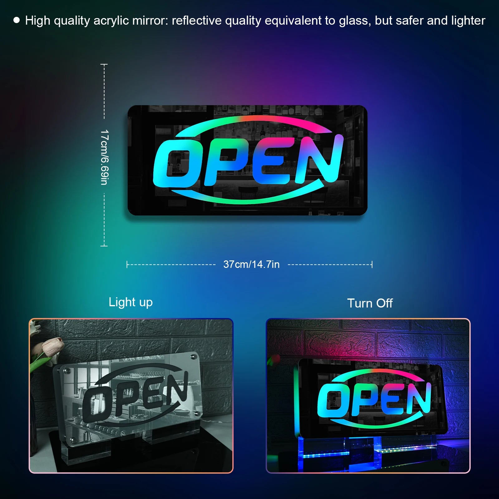 Open Sign (Mirror, RGB Multi-colour, USB-powered, 37cm x 17cm)
