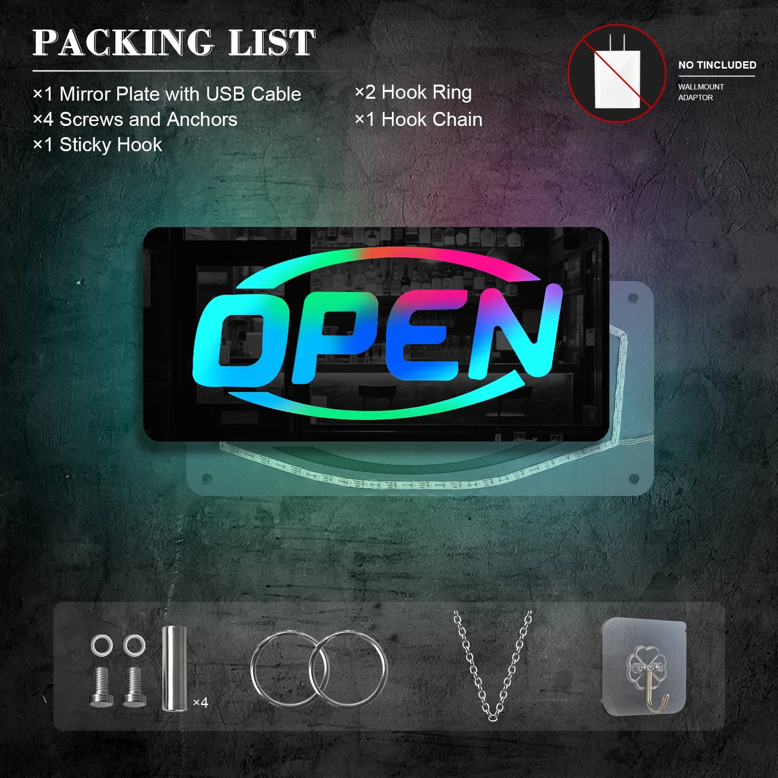 Open Sign (Mirror, RGB Multi-colour, USB-powered, 37cm x 17cm)