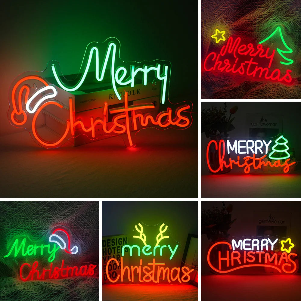 Merry Christmas LED Neon Sign (USB-Dimmable, 42cm x 27cm) with Star & X'Mas Tree