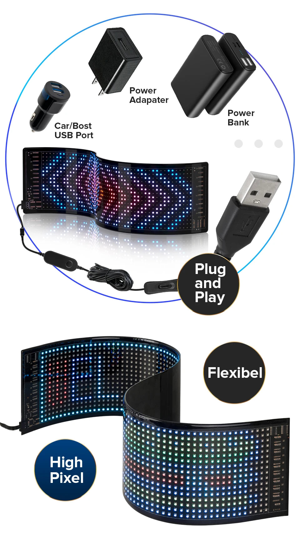 Panneau d'affichage matriciel LED flexible - RVB adressable, contrôle par application
