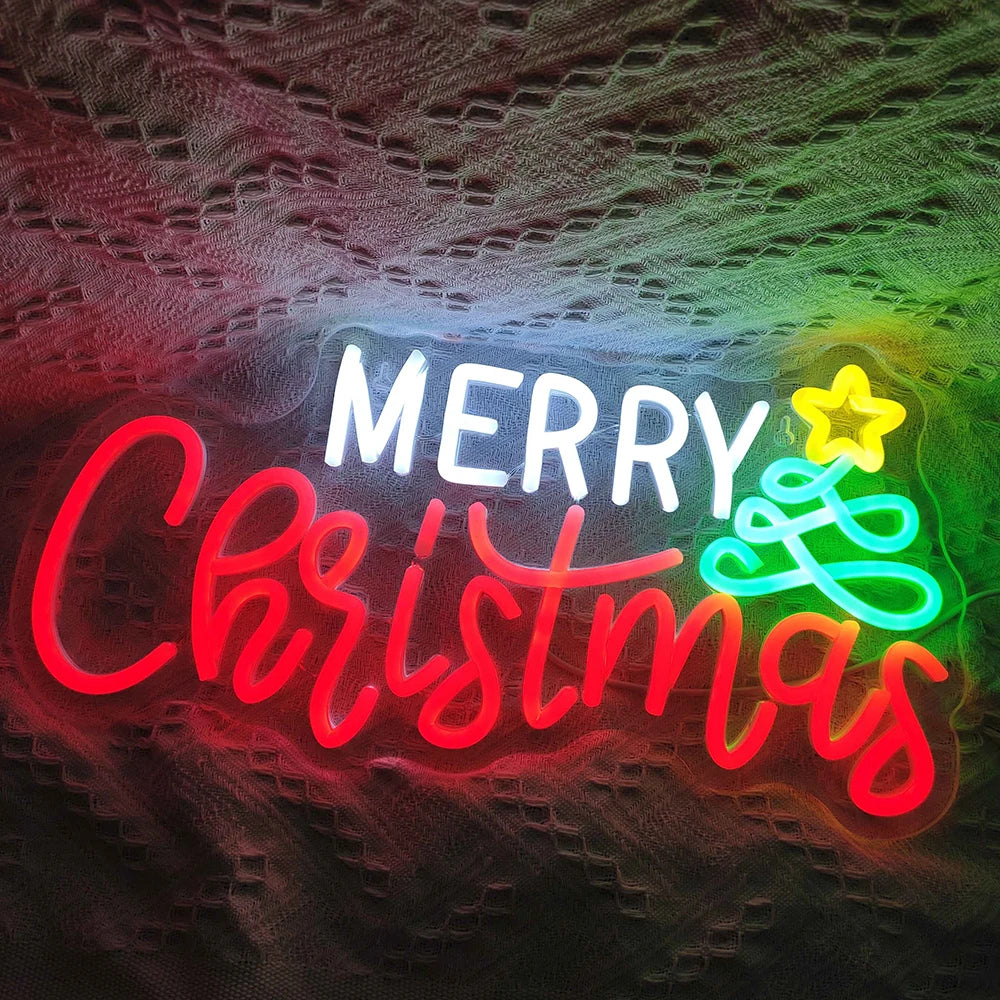 Merry Christmas LED Neon Sign (USB-Dimmable, 42cm x 27cm) with Star & X'Mas Tree