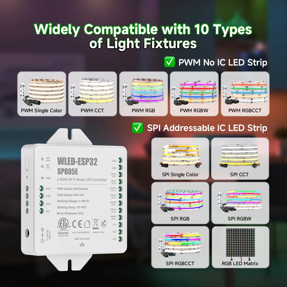 ETL-Listed SP805E WLED ESP32 LED Controller – WiFi & Music Sync
