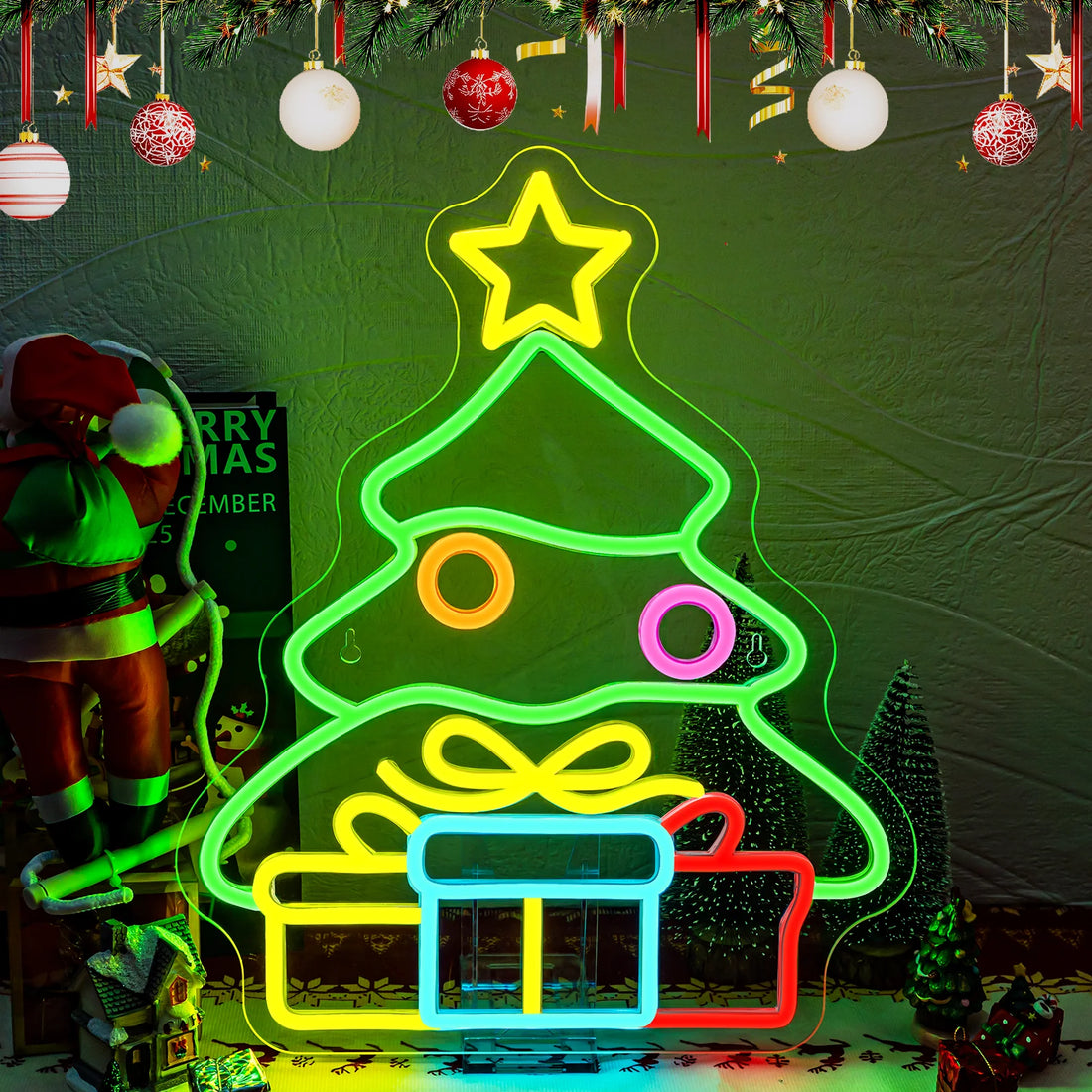 Christmas Tree & Gifts LED Neon Sign (USB-Dimmable 32cm x 38.5cm)