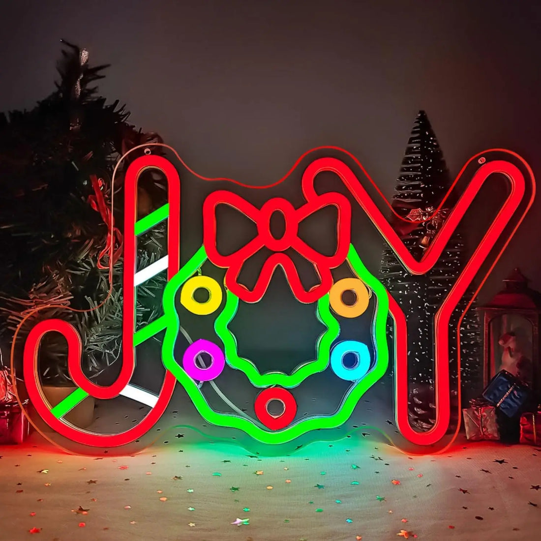 Joy with Christmas Wreath LED Neon Sign (USB-Powered, Dimmable)