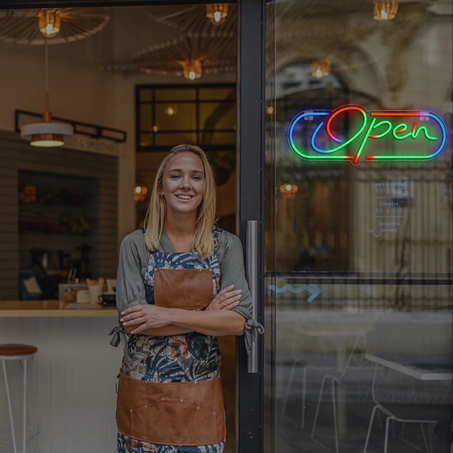 Woman standing in a cafe doorway with a 'Open' sign visible