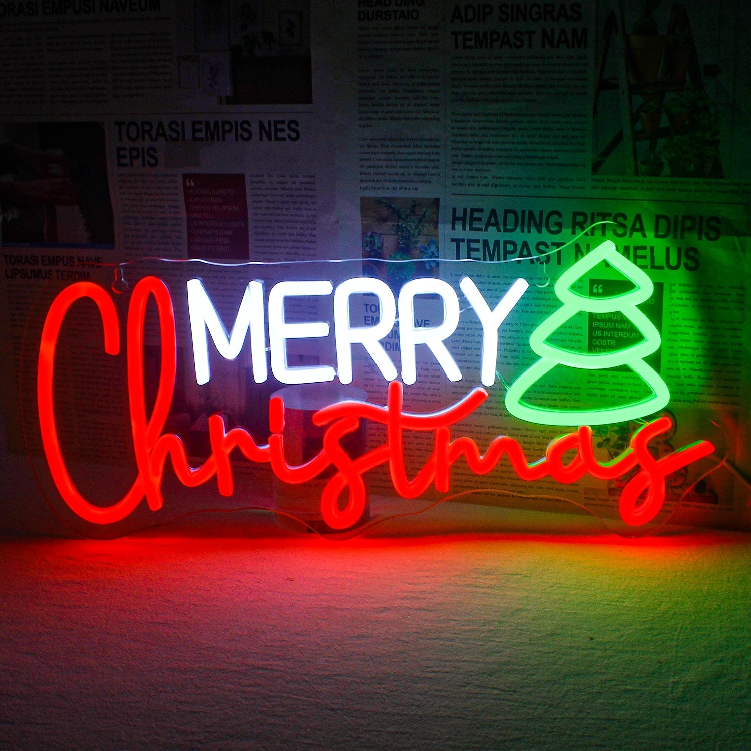Merry Christmas LED Neon Sign (USB-Dimmable, 42cm x 19cm) with X'Mas Tree