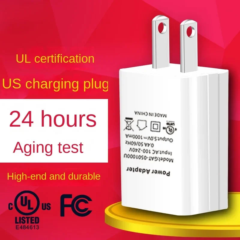White USB-A wall charger with safety certification graphics