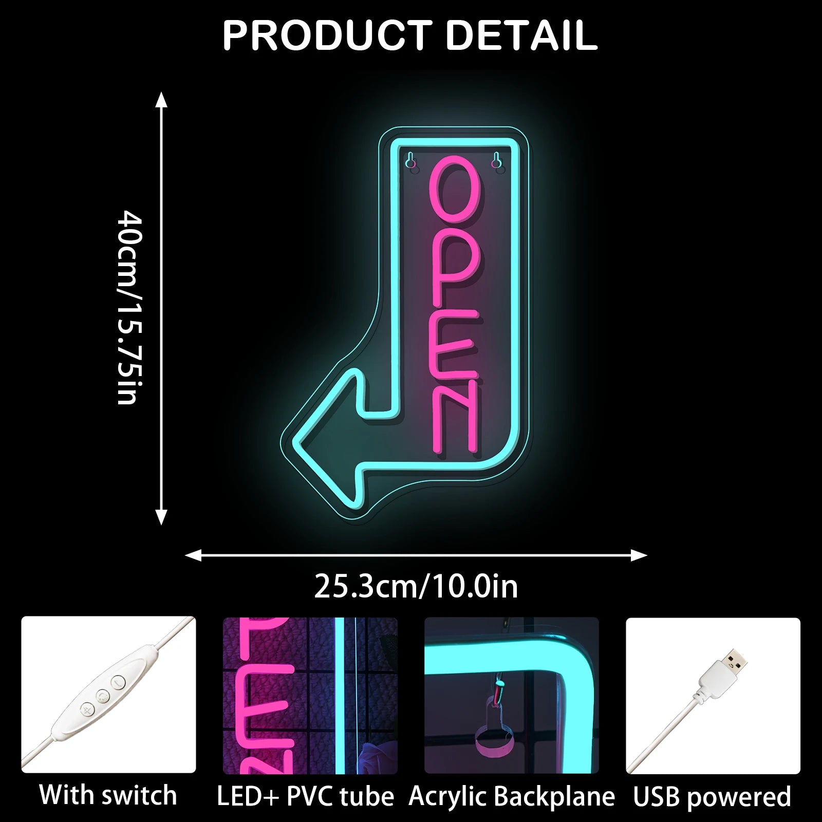Open Sign ("OPEN with Arrow", USB-Powered)