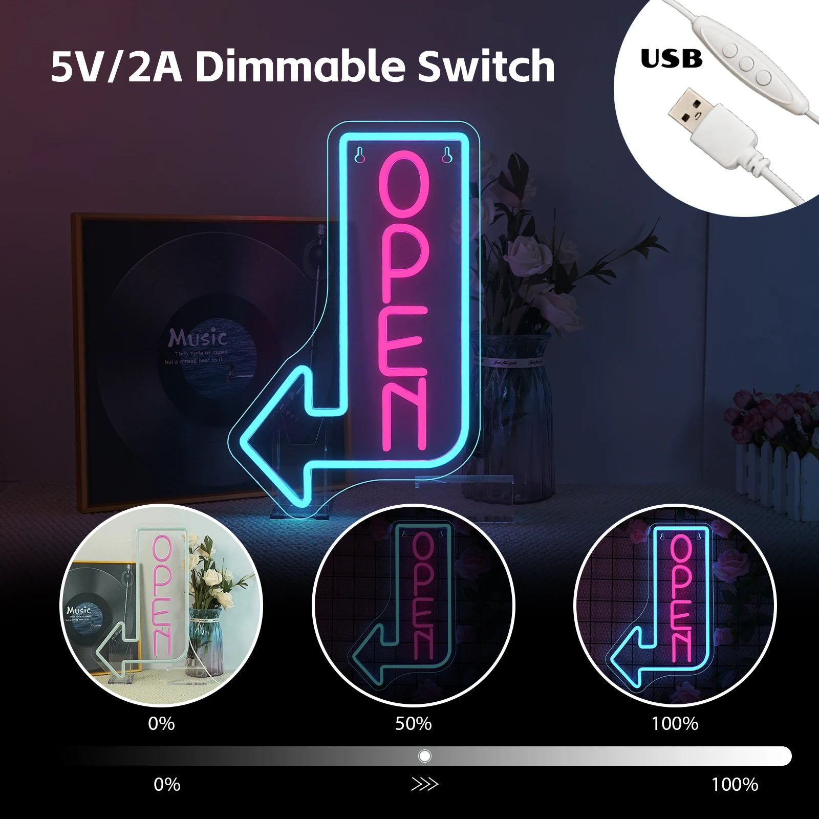 Open Sign ("OPEN with Arrow", USB-Powered)