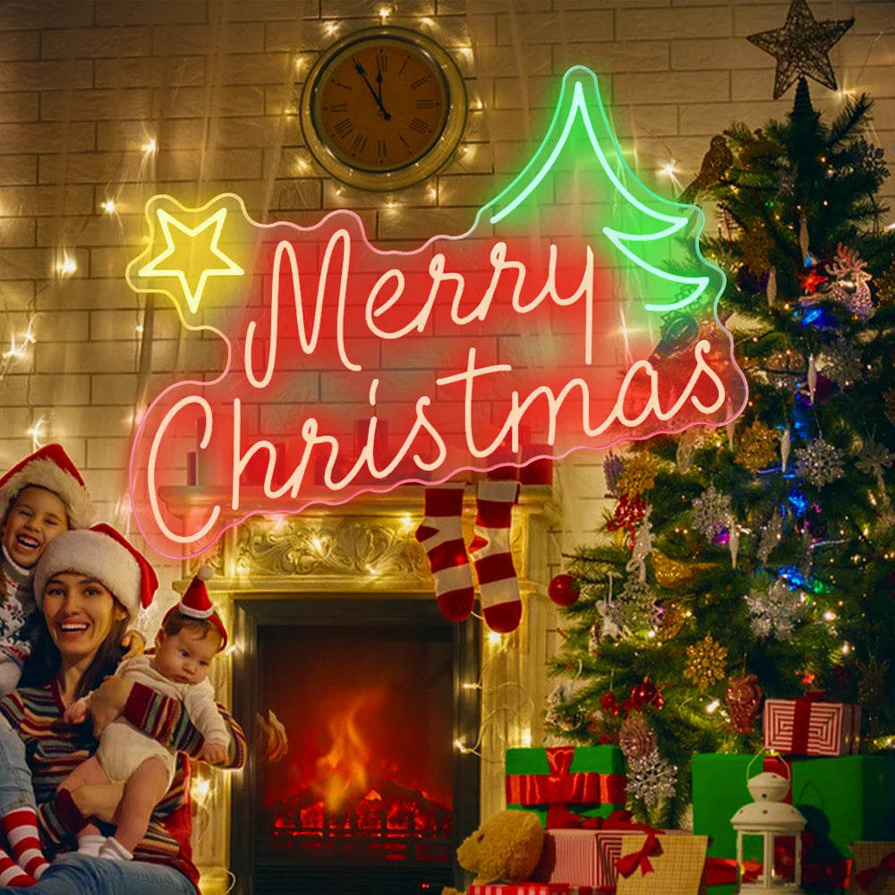 Merry Christmas LED Neon Sign (USB-Dimmable, 42cm x 27cm) with Star & X'Mas Tree