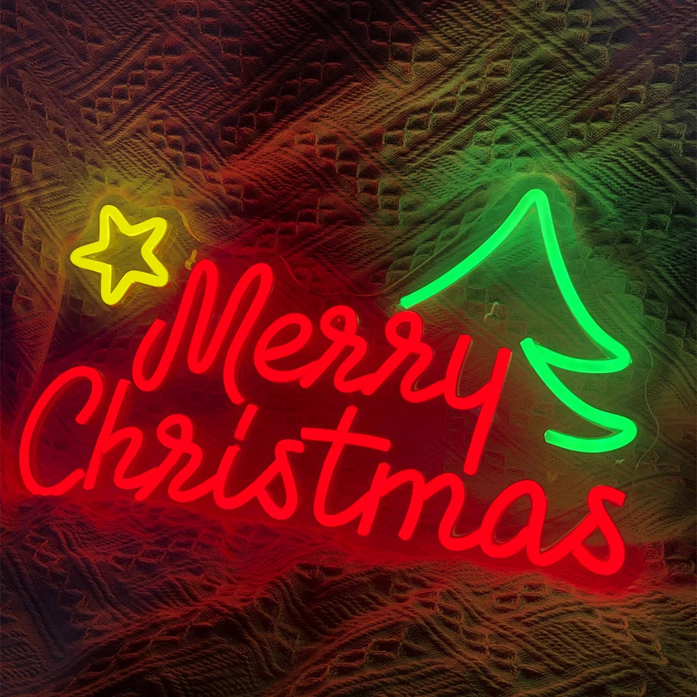 Merry Christmas LED Neon Sign (USB-Dimmable, 42cm x 27cm) with Star & X'Mas Tree