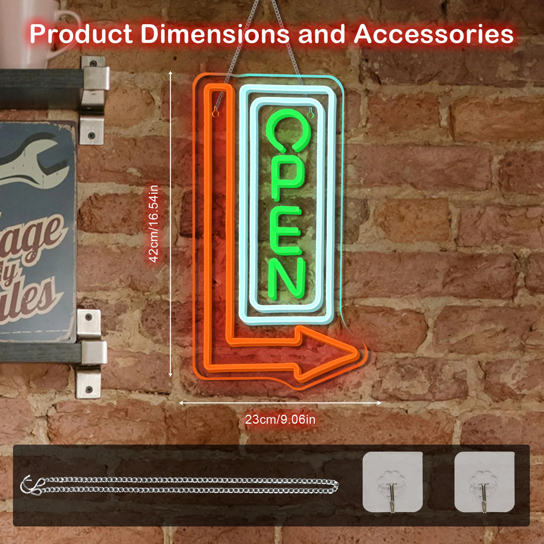 Neon sign with 'OPEN' text and arrow on a black background