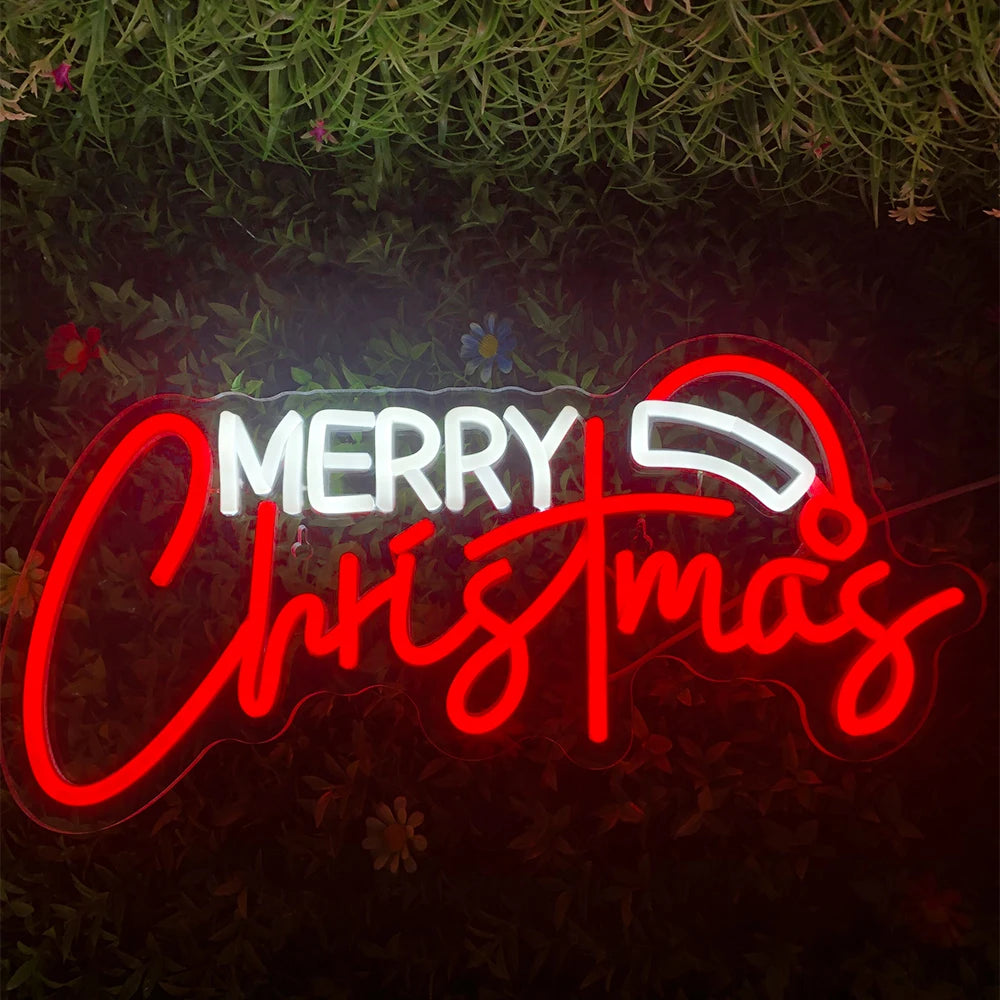 Merry Christmas with Hat LED Neon Sign (USB-Dimmable)