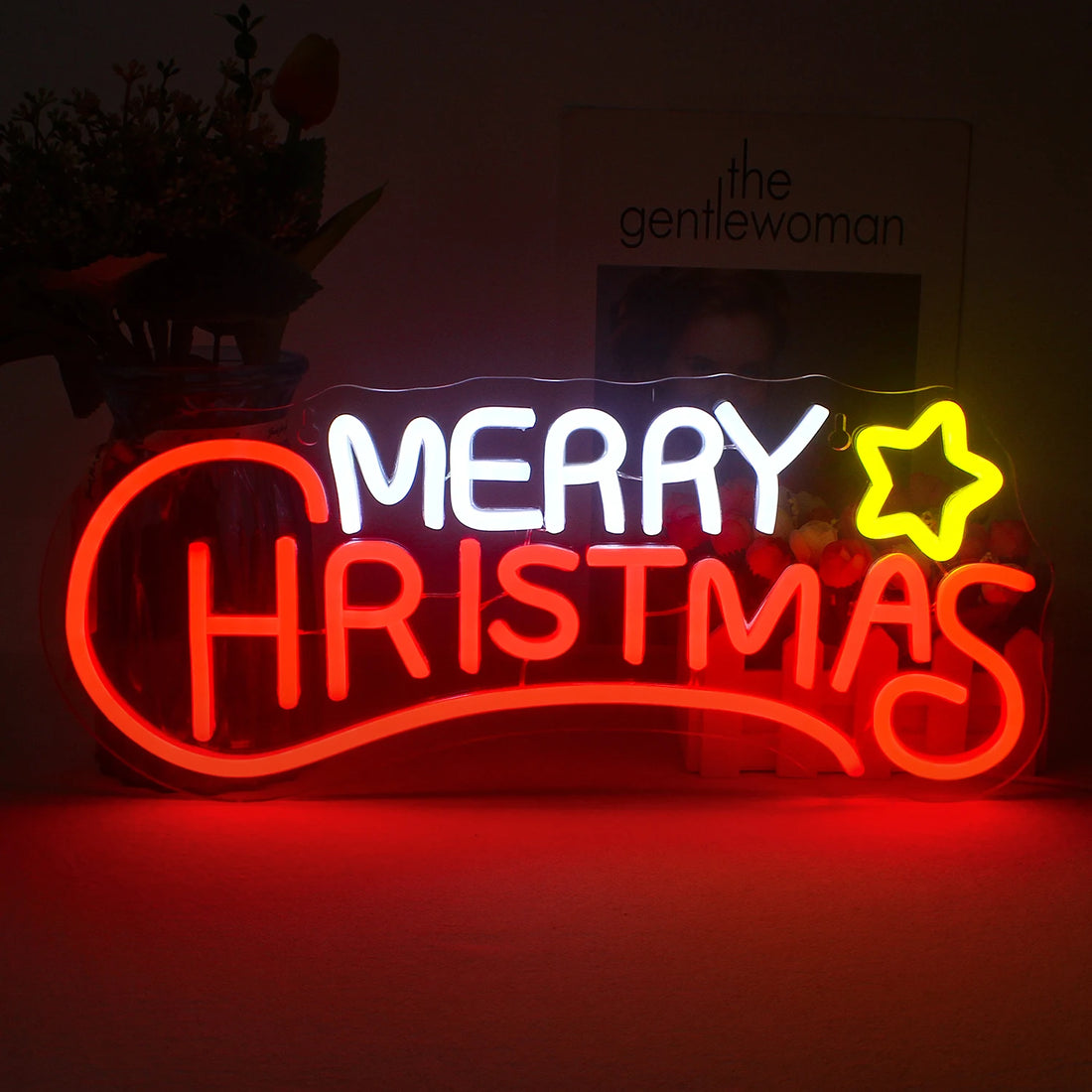 Merry Christmas with Yellow Star LED Neon Sign (USB-Dimmable)
