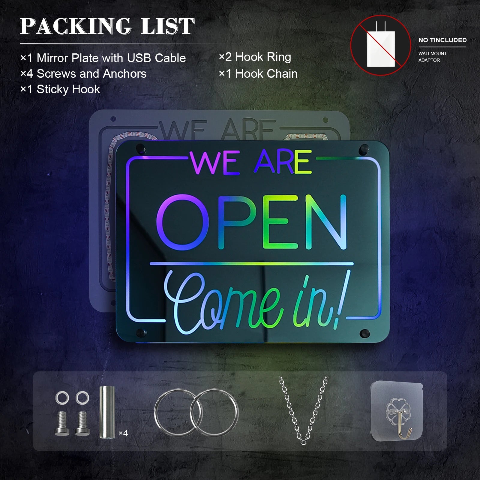 Open Sign "WE'RE OPEN - Come In" (Mirror, RGB, USB-Powered)