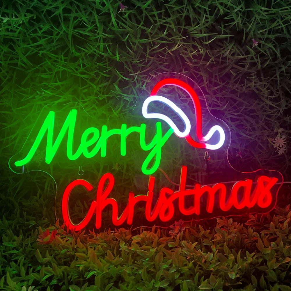 Merry Christmas LED Neon Sign (USB-Dimmable, 42cm x 27cm) with Star & X'Mas Tree