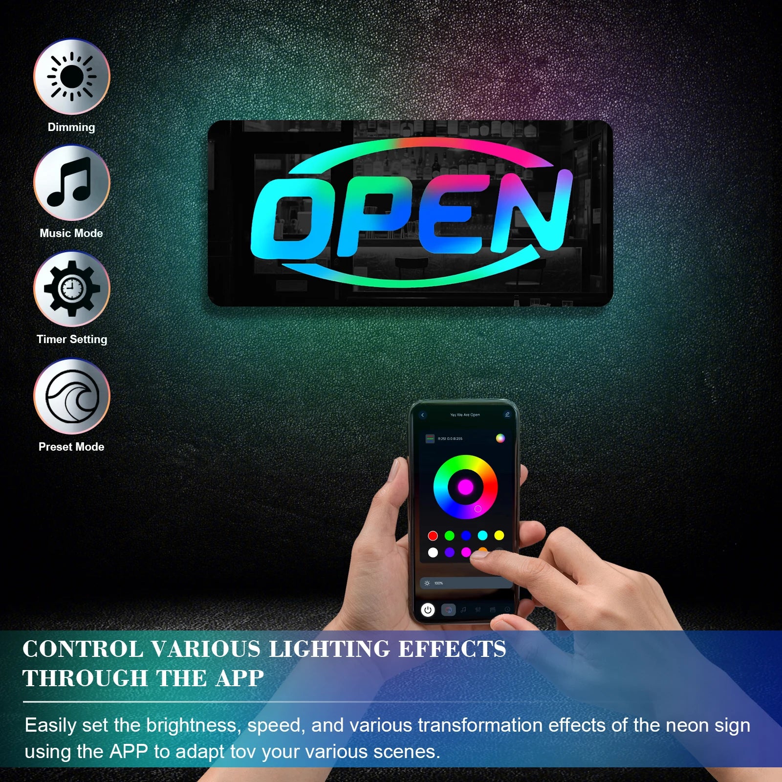 Open Sign (Mirror, RGB Multi-colour, USB-powered, 37cm x 17cm)
