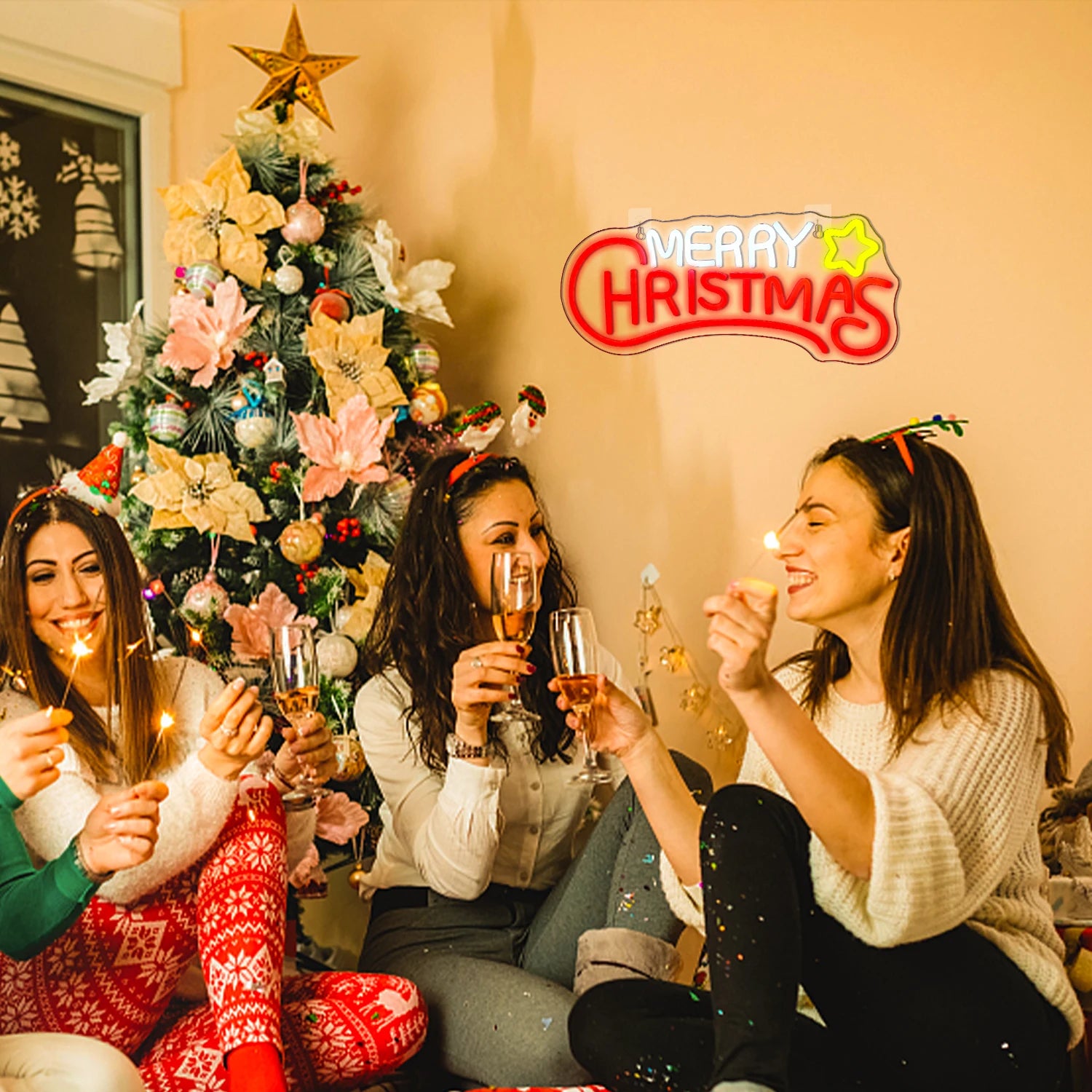 Merry Christmas LED Neon Sign (USB-Dimmable, 42cm x 27cm) with Star & X'Mas Tree