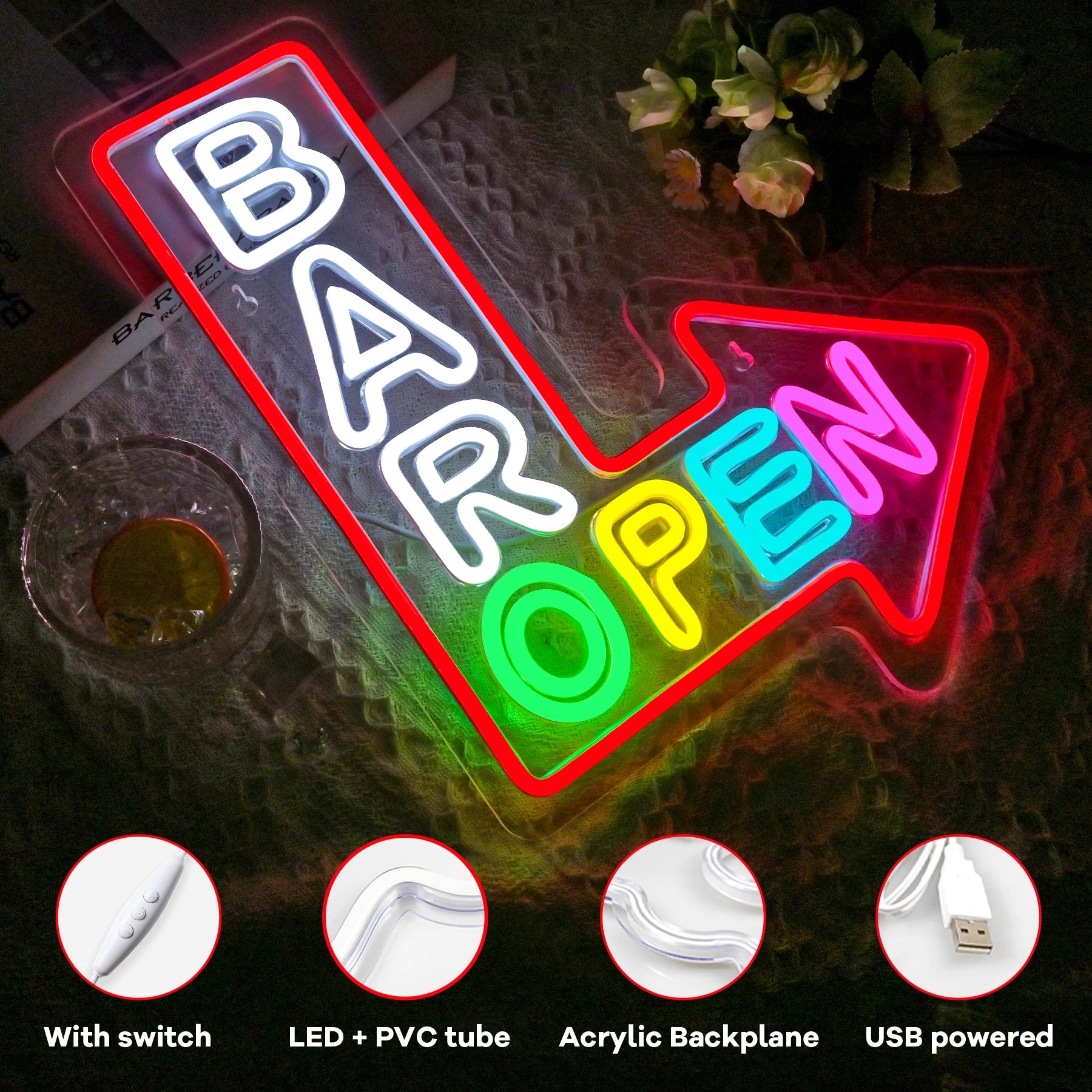 Open Sign ("Bar Open With Arrow", USB-Powered)