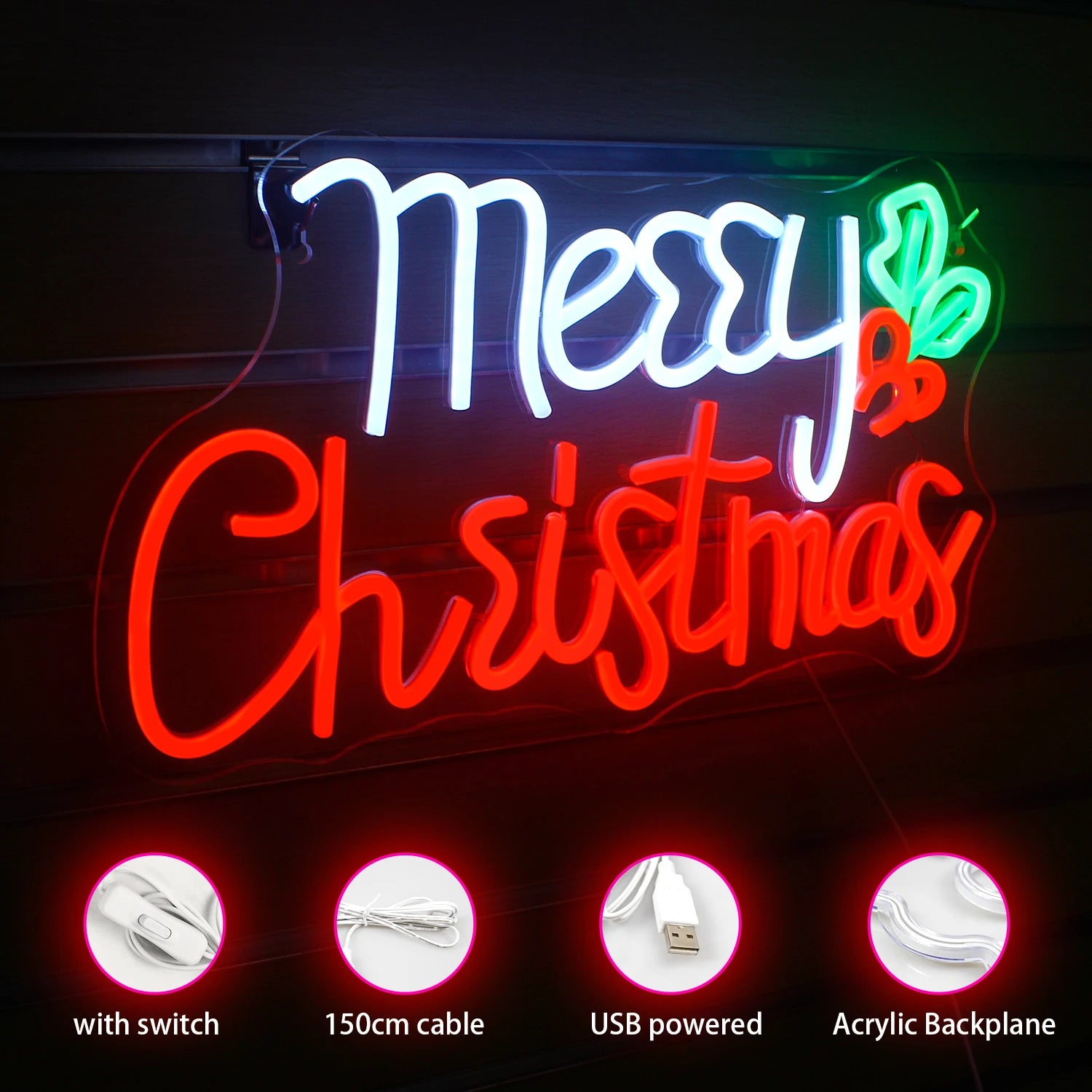 Merry Christmas LED Neon Sign (USB-Powered, Dimmable, 42cm x 25cm)