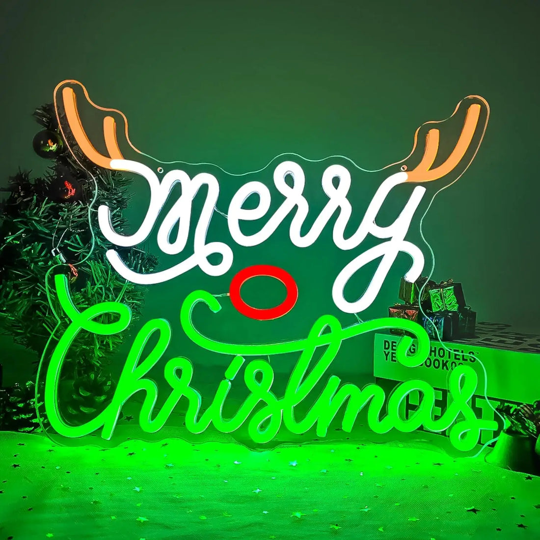Merry Christmas LED Neon Sign (USB-Dimmable, 39cm x 30cm) with Ornament