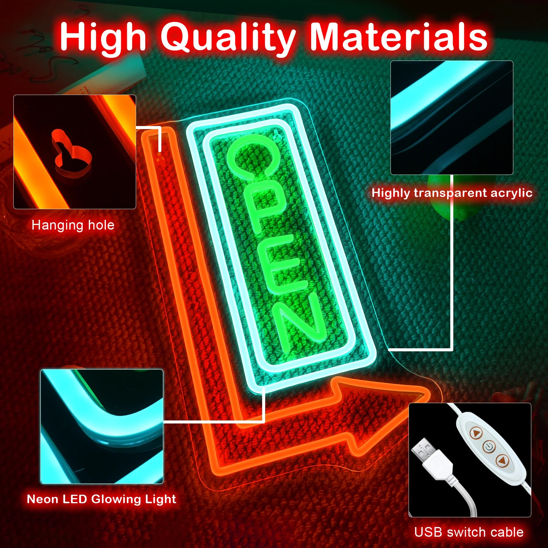 Open Sign ("OPEN with Arrow", Green & Orange, USB-Powered)