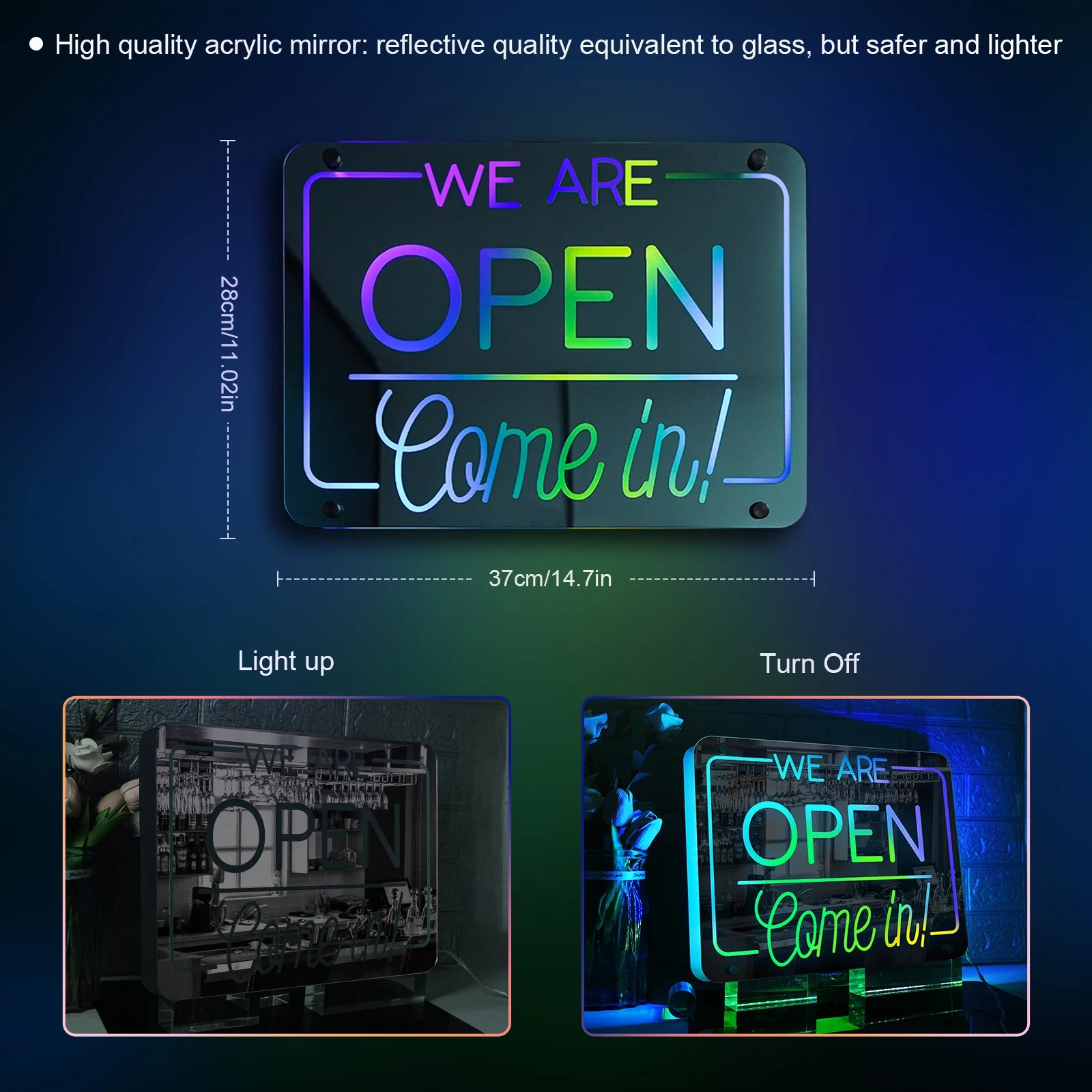 Open Sign "WE'RE OPEN - Come In" (Mirror, RGB, USB-Powered)