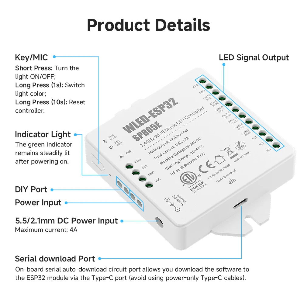 ETL-Listed SP805E WLED ESP32 LED Controller – WiFi & Music Sync