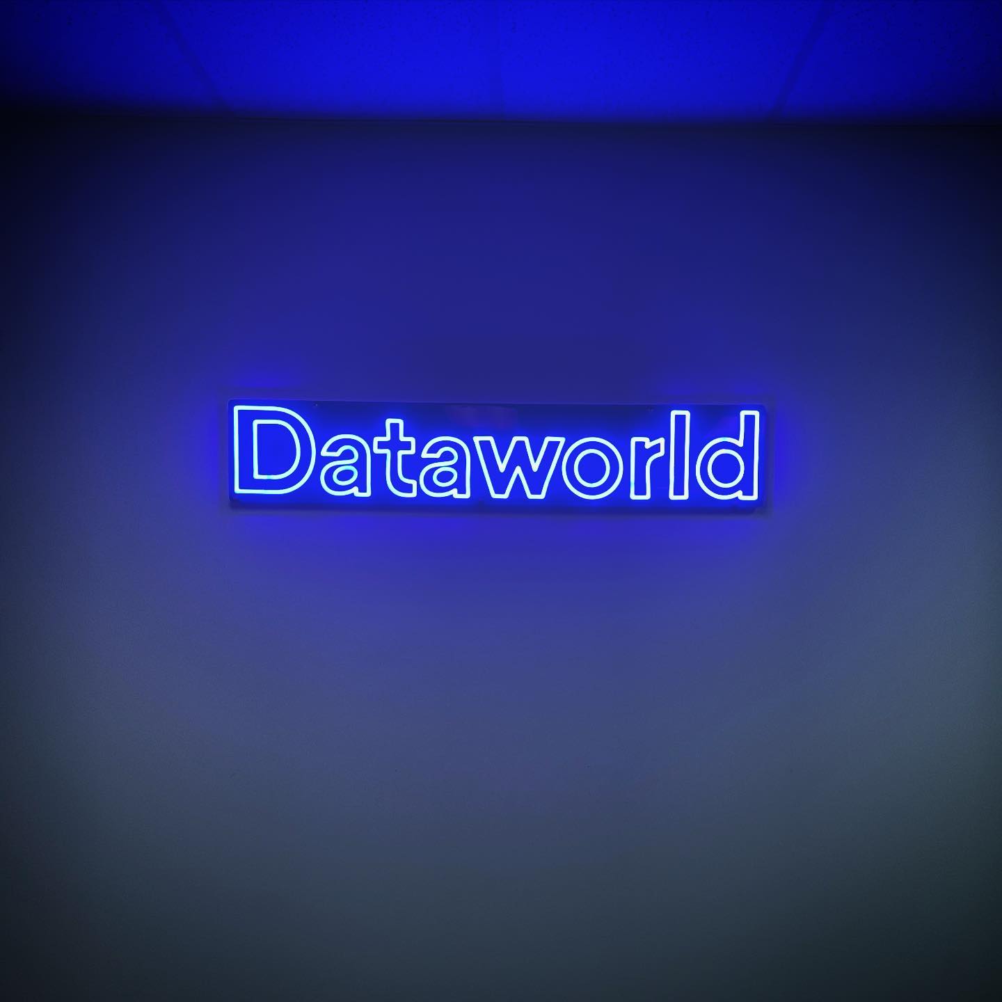 blue neon sign that says "dataworld"