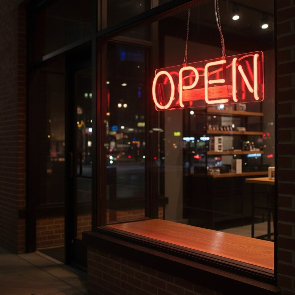 Neon 'OPEN' sign in a window of a brick building at night.