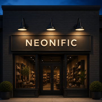 Three LED gooseneck lights illuminating an outdoor storefront sign